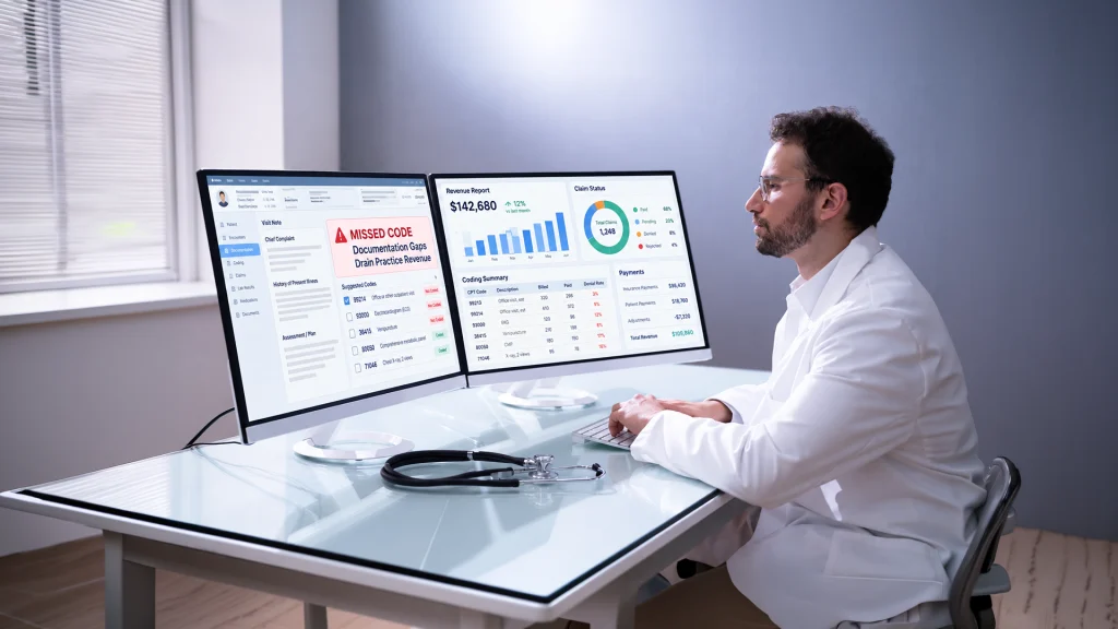 Physician reviewing patient data on multiple monitors
