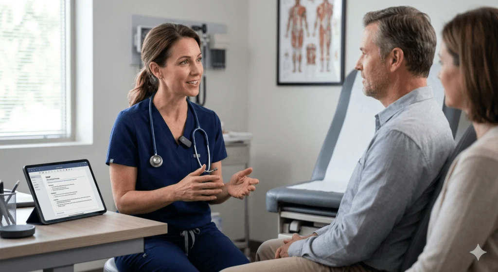 Nurse discussing care with a patient in an exam room