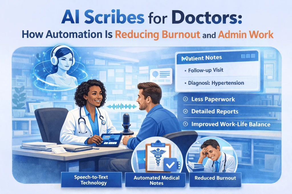 AI scribes for doctors infographic on reducing burnout and admin work