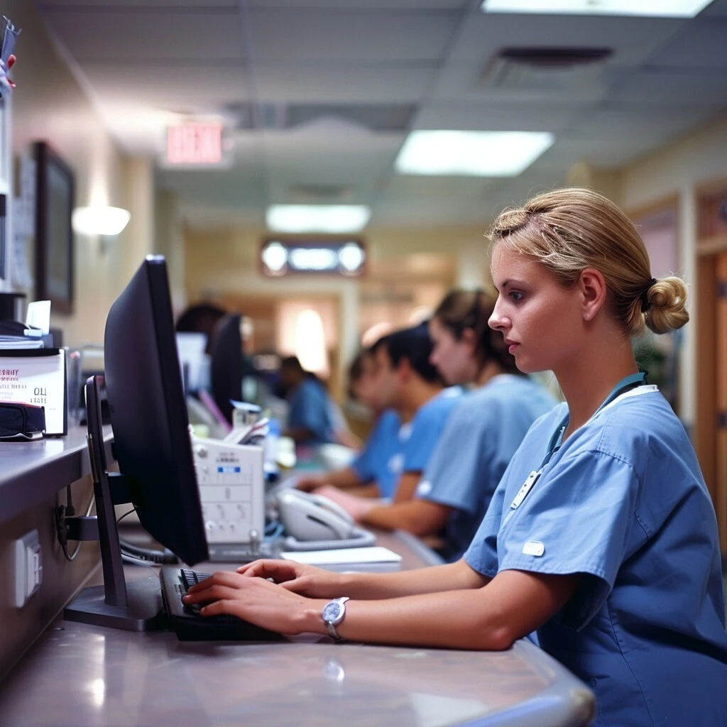 Nurses working at hospital station computers